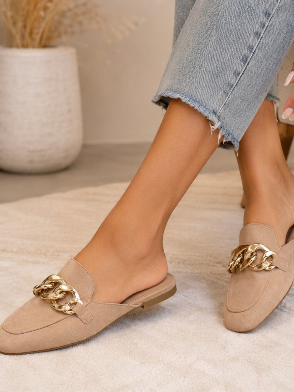 Madden Girl Beige Slip-On Mules with Gold Chain